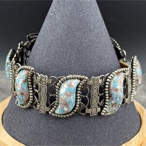 Vintage Silver Tone Filigree Blue Sparkle Faux Turquoise Panel Link Bracelet 7"